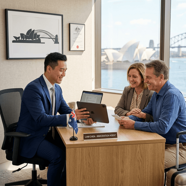 Professional MARA Registered Immigration Agent in Australia consulting with clients in a modern office